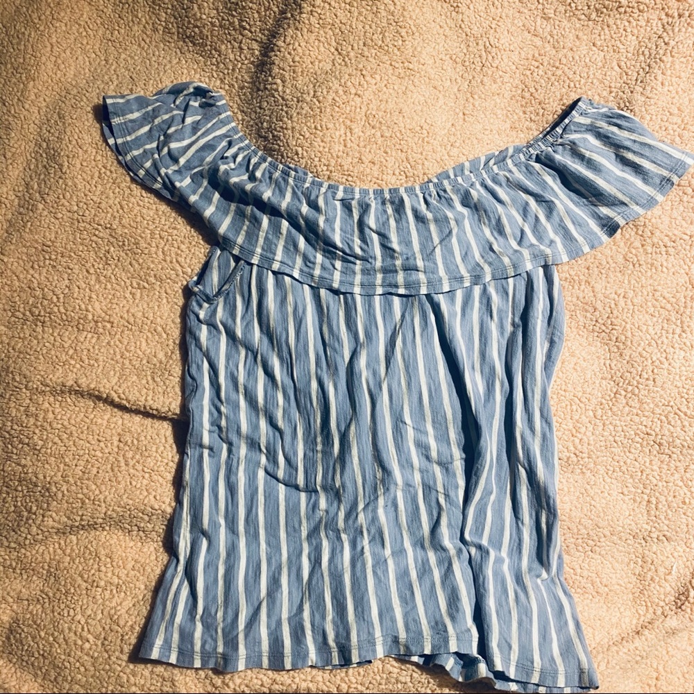 Blue and white off the shoulder blouse